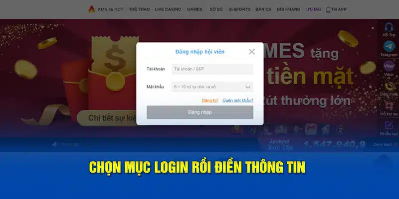 Chọn mục Login rồi điền thông tin